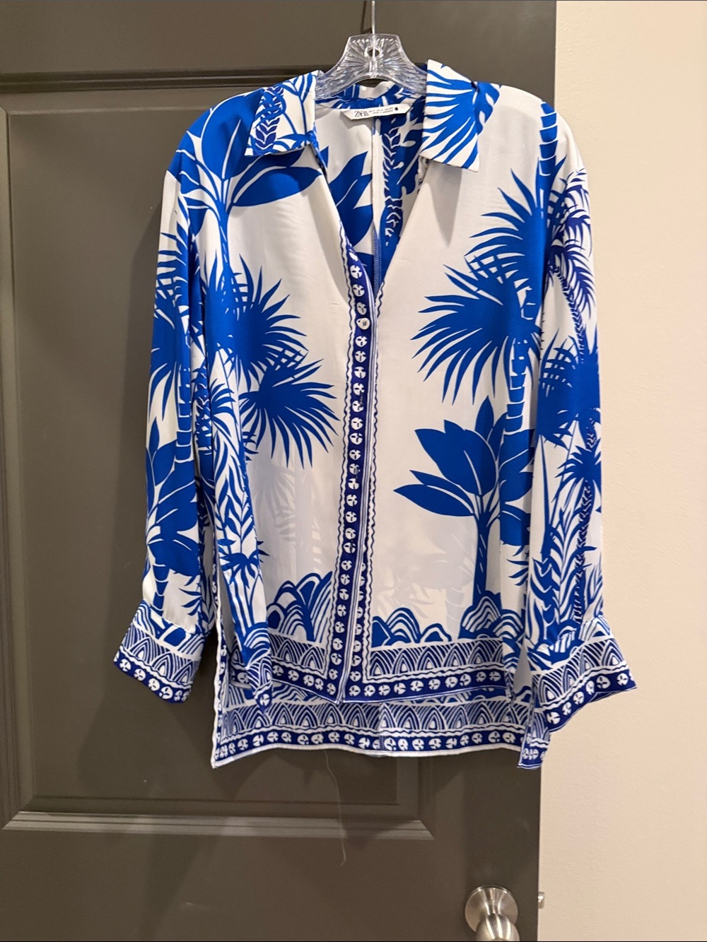 Zara Blue & White Palm-Print women’s blouse